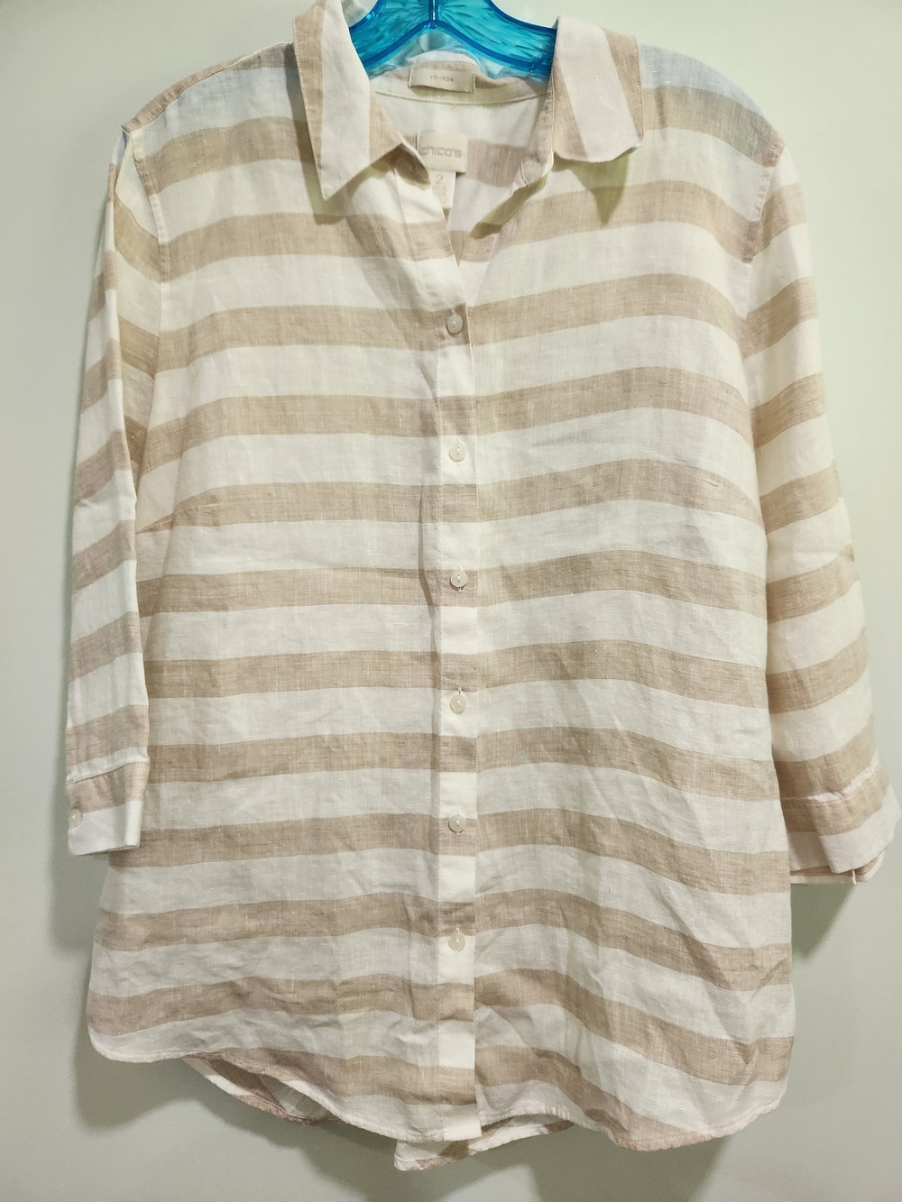 Chico's Cream and Beige Striped Button-Down Shirt